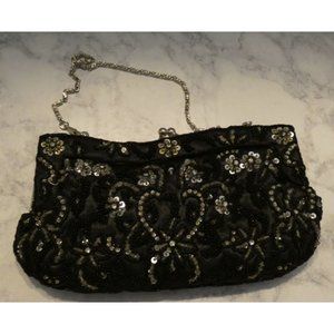 Vintage Black and White Beaded Clutch handbag with Metal strap